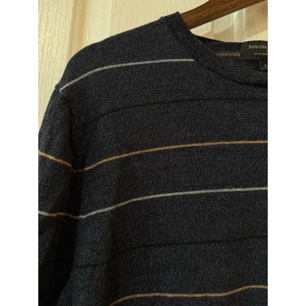 Banana Republic Merino Wool Sweater Men Large Navy Stripe Crew Neck Lightweight